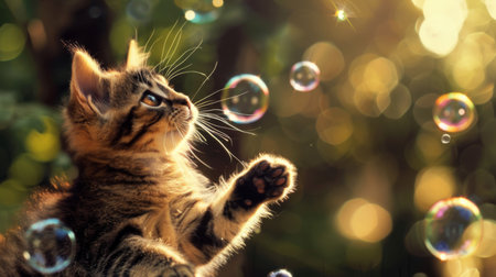 A playful kitten swatting at bubbles floating in the air, adding a touch of whimsy to its curious exploration.の素材