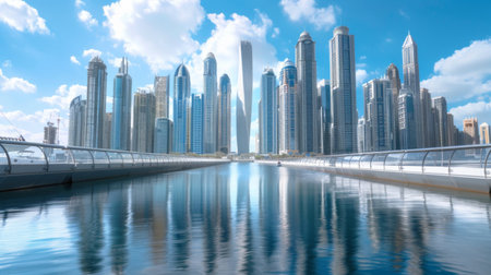 A panoramic view of a modern city skyline dominated by sleek high-rise buildingsの素材