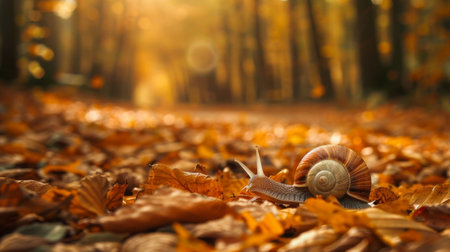 A snail making its way through a maze of fallen leaves in an autumn forestの素材