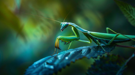 A praying mantis poised on a leaf, showcasing the stealth and patience of this fascinating predatorの素材