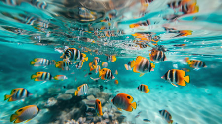 A school of tropical fish swimming gracefully through crystal-clear waters, illustrating the beauty of underwater ecosystems.の素材