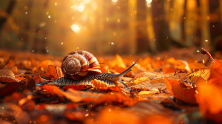 A snail making its way through a maze of fallen leaves in an autumn forestの素材