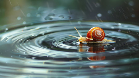 A snail gliding gracefully across the surface of a still pond, leaving ripples in its wakeの素材