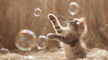 A playful kitten swatting at bubbles floating in the air, adding a touch of whimsy to its curious exploration.の素材