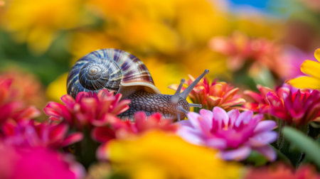 A snail nestled in a bed of colorful flowers, seeking shelter from the midday sunの素材