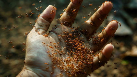 A person's hand covered in fire ants, illustrating the aggressive nature of these insectsの素材