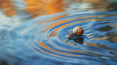 A snail gliding gracefully across the surface of a still pond, leaving ripples in its wakeの素材