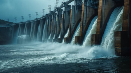 A hydroelectric dam with water flowing through turbines, illustrating renewable energy productionの素材