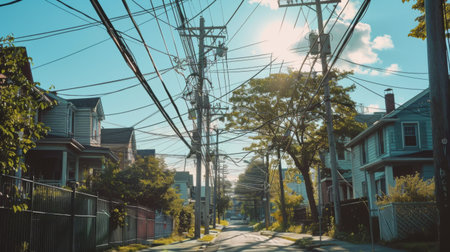 A residential neighborhood with power poles and cables lining the streetsの素材