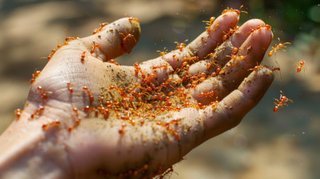 A person's hand covered in fire ants, illustrating the aggressive nature of these insectsの素材