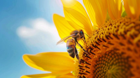 A honeybee exploring the petals of a sunflower, framed against a backdrop of bright blue sky.の素材