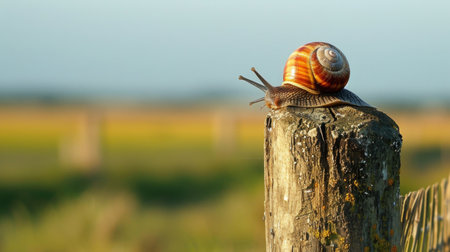 A snail crossing a wooden fence post, venturing into new territory with determinationの素材