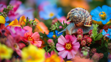 A snail nestled in a bed of colorful flowers, seeking shelter from the midday sunの素材
