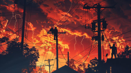 A power outage aftermath with utility workers repairing electrical lines, restoring serviceの素材