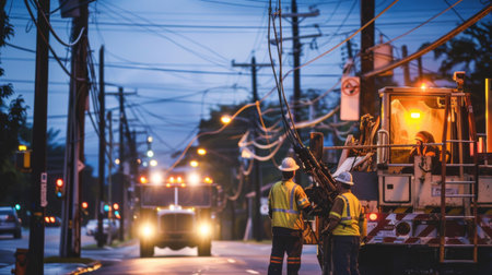 A power outage aftermath with utility workers repairing electrical lines, restoring serviceの素材