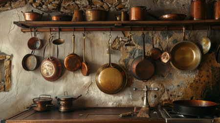 A rustic kitchen scene with various pots and pans hanging on the wallの素材