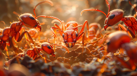 A macro image of a fire ant queen surrounded by her loyal workers inside the nestの素材