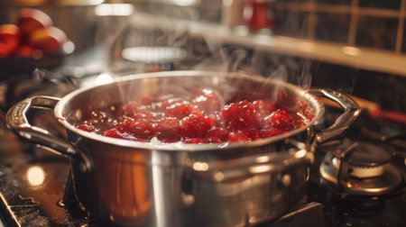 A pot of homemade jam bubbling on the stove, filling the kitchen with sweetnessの素材