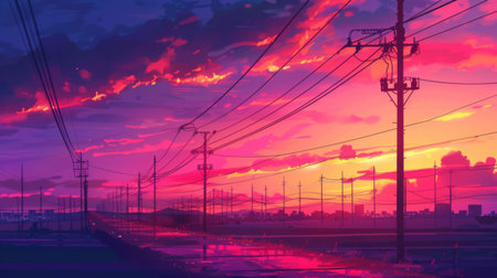 A row of electric power poles stretching into the distance against a vibrant sunset skyの素材