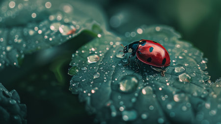 A ladybug nestled amidst dewdrops on a morning leaf, a charming symbol of luck and natural harmony.の素材