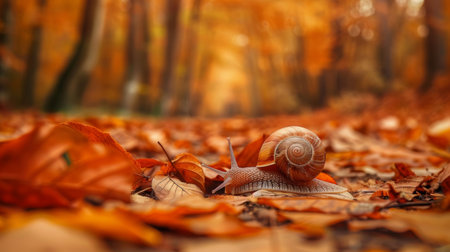 A snail making its way through a maze of fallen leaves in an autumn forestの素材