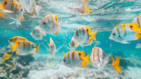 A school of tropical fish swimming gracefully through crystal-clear waters, illustrating the beauty of underwater ecosystems.の素材