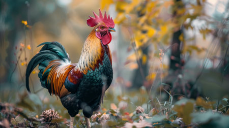 A rooster strutting confidently in a rural farm setting, embodying the spirit of strength and vitality.の素材