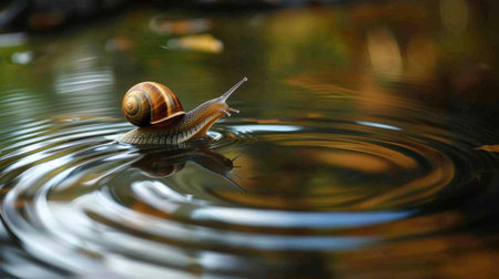 A snail gliding gracefully across the surface of a still pond, leaving ripples in its wakeの素材