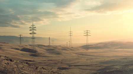 A network of transmission towers stretching across a desert terrainの素材