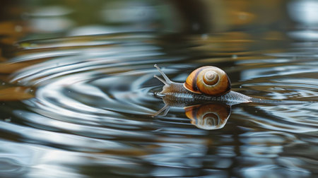 A snail gliding gracefully across the surface of a still pond, leaving ripples in its wakeの素材