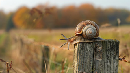 A snail crossing a wooden fence post, venturing into new territory with determinationの素材