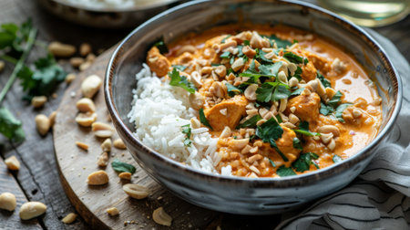 A bowl of creamy and fragrant Massaman curry, served with fluffy jasmine rice and topped with crunchy peanuts, a Thai comfort food classic.の素材
