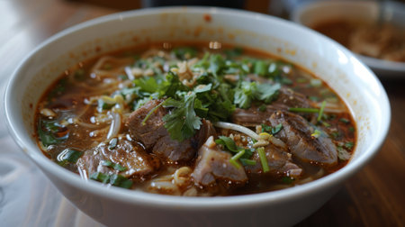 A bowl of traditional Thai boat noodles, brimming with tender meat, fresh herbs, and a rich, spicy broth, ready to comfort and delight.の素材