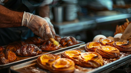 A baker brushing egg wash onto freshly baked pastries, imparting a golden sheen and irresistible shine to their crusts.の素材
