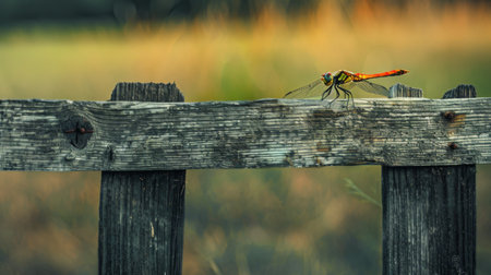 A dragonfly resting on a weathered wooden fence, its vibrant colors standing out against the rustic backdrop of the countryside.の素材