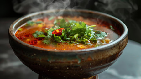 A bowl of steaming hot Tom Yum soup served in a traditional Thai ceramic bowl, garnished with fresh herbs and chili peppers.の素材