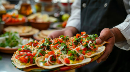 A chef presenting a platter of mini dosas topped with assorted toppings like cheese, tomatoes, and cilantro, perfect for appetizers or snacks.の素材