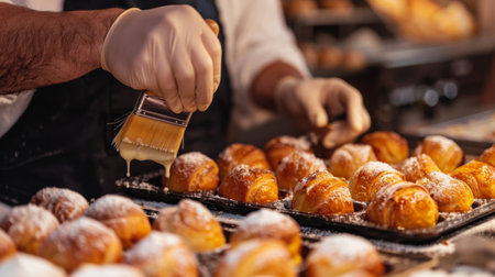 A baker brushing egg wash onto freshly baked pastries, imparting a golden sheen and irresistible shine to their crusts.の素材