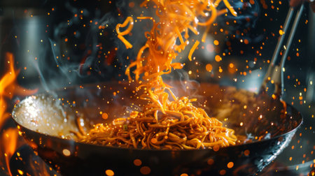 A chef expertly tossing wok-fried noodles in a fiery chili sauce, creating a tantalizing aroma that fills the air with spice.の素材