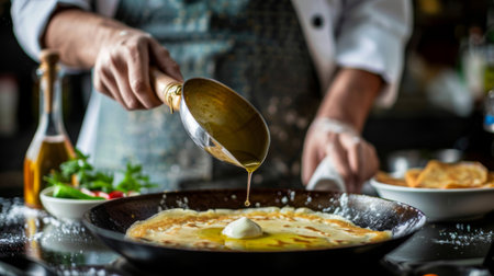 A chef drizzling ghee over a freshly cooked dosa, enhancing its flavor and aroma with the rich, nutty essence of clarified butter.の素材