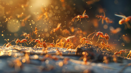 A colony of fire ants moving swiftly to defend their nest against intrudersの素材