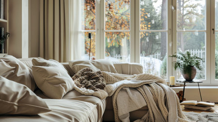 A cozy living room with plush sofas and blankets, perfect for relaxation on a rainy dayの素材