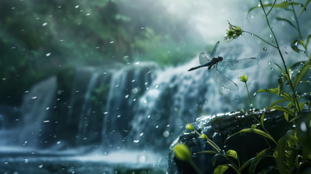 A dragonfly hovering near a cascading waterfall, its wings glistening with droplets of water as it searches for prey in the mist.の素材