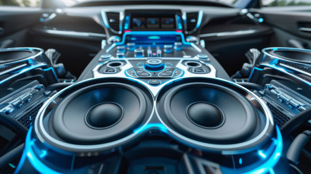 A car audio system with speakers and subwoofers providing immersive sound on the roadの素材