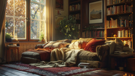 A cozy living room with plush sofas and blankets, perfect for relaxation on a rainy dayの素材