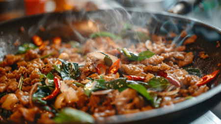 A close-up of a sizzling hot pan filled with crispy Pad Krapow Moo, fragrant with Thai basil and chili, ready to tantalize taste buds.の素材