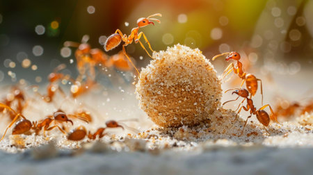 A group of fire ants swarming around a dropped sugary treat, attracted by the scentの素材