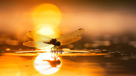 A dragonfly basking in the warm glow of the setting sun, its silhouette casting a delicate shadow on a tranquil pond below.の素材