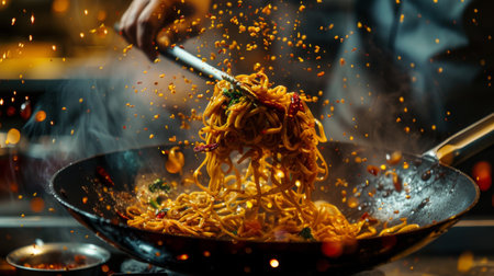 A chef expertly tossing wok-fried noodles in a fiery chili sauce, creating a tantalizing aroma that fills the air with spice.の素材