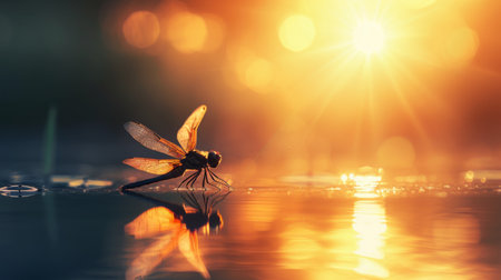A dragonfly basking in the warm glow of the setting sun, its silhouette casting a delicate shadow on a tranquil pond below.の素材